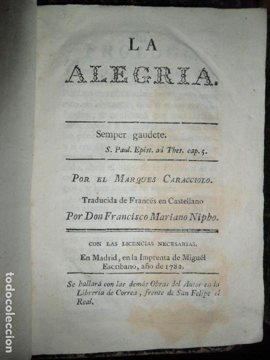La alegría, Marqués Caracciolo, imp. Miguel Escribano, encuadernado en pergamino, 1782 La alegría, Marqués Caracciolo, imp. Miguel Escribano, encuadernado en pergamino, 1782
