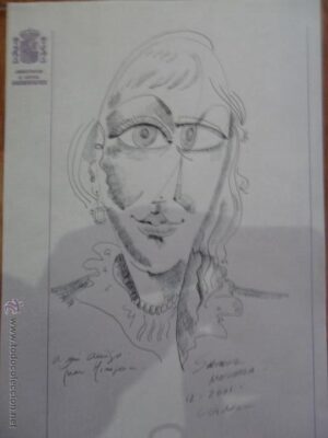 Dibujo a plumilla de Salvador Morera, dedicado, tamaño folio, año 2001